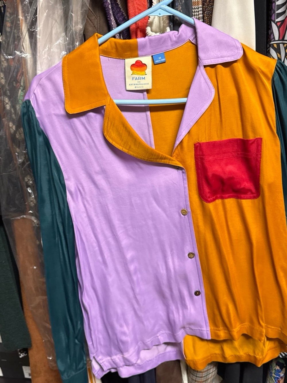 FARM Rio Colorblock Button-Down in Lavender, Mustard, Teal & Red